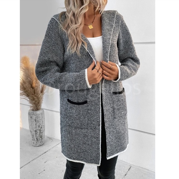 Hooded Knit Grey Open Cardigan Long Sleeves Hip Length w/ Pockets - Picture 4 of 7